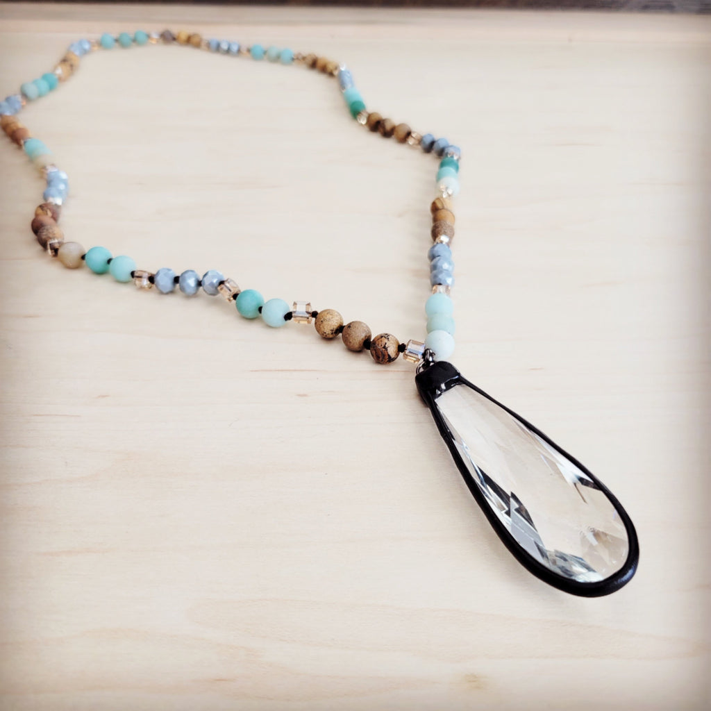 **Picture Jasper & Amazonite Long Beaded Necklace w/ Crystal Pendant 262r