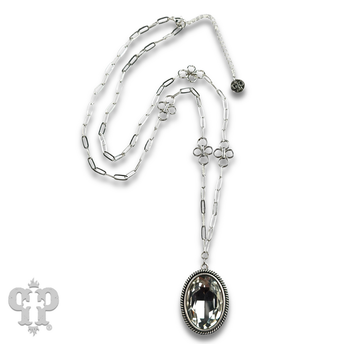 Large oval crystal pendant and flower chain necklace