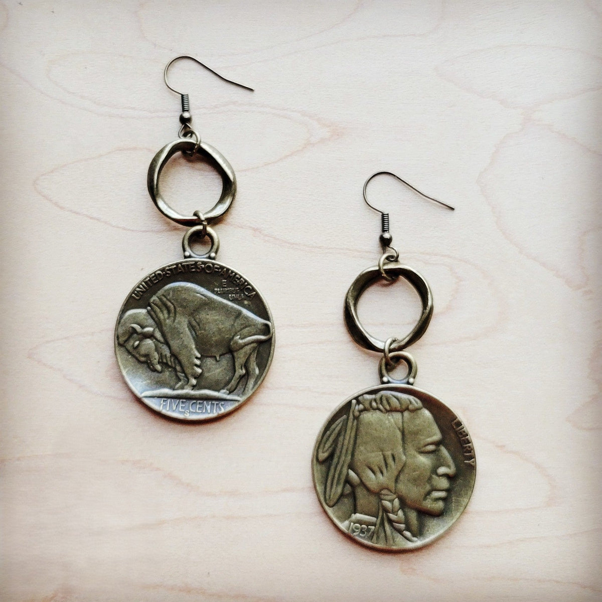 Antique Gold Indian Buffalo Head Earrings 221f