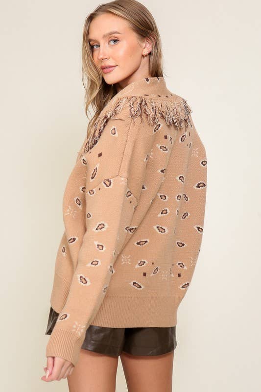 Paisley Printed Cardigan With Fringe Collar