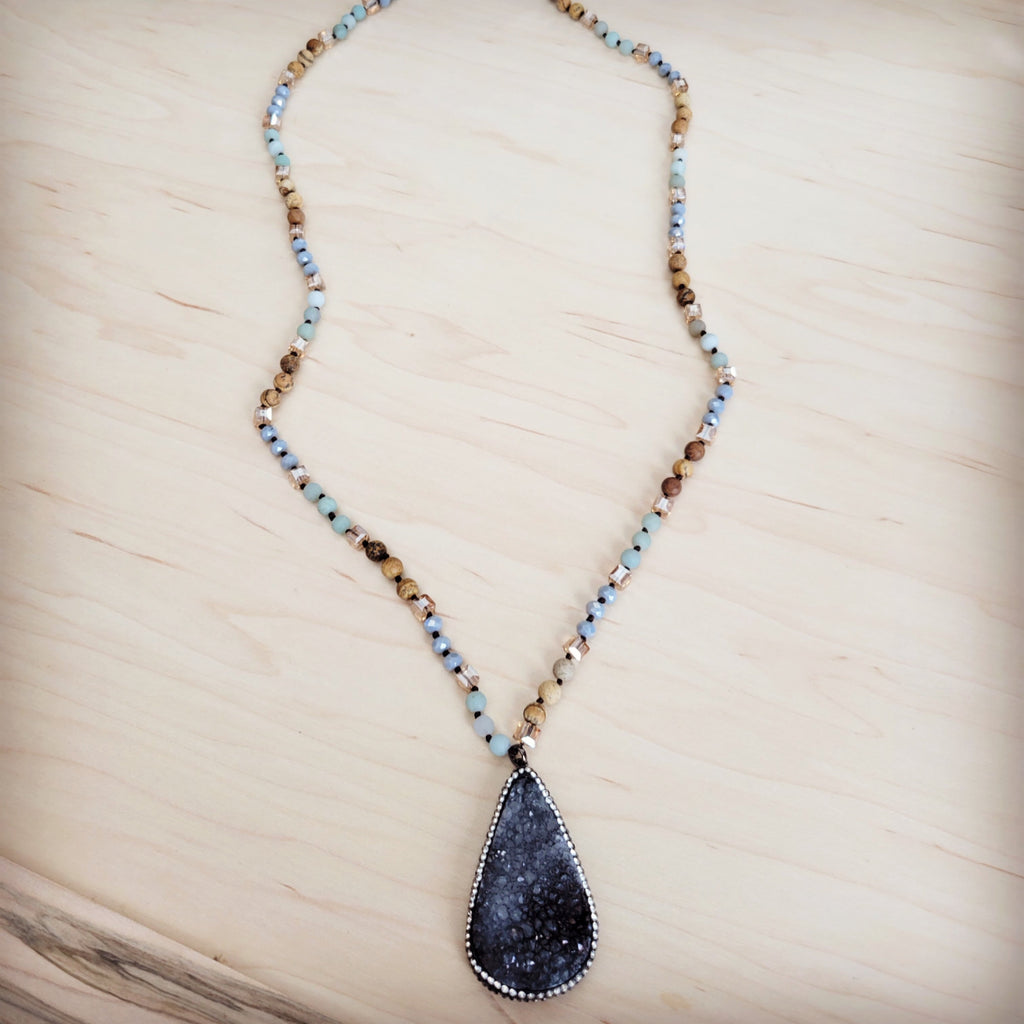 **Amazonite & Crystal Long Beaded Necklace w/ Druzy Pendant 262u