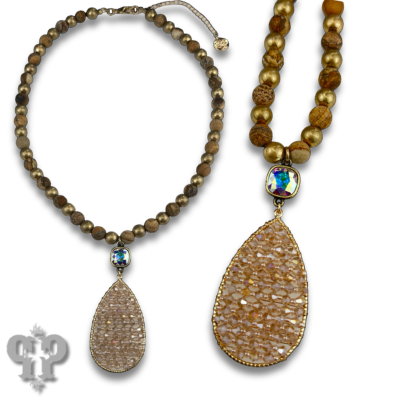 Woven bead pendant on stone bead necklace with crystals from Swarovski®