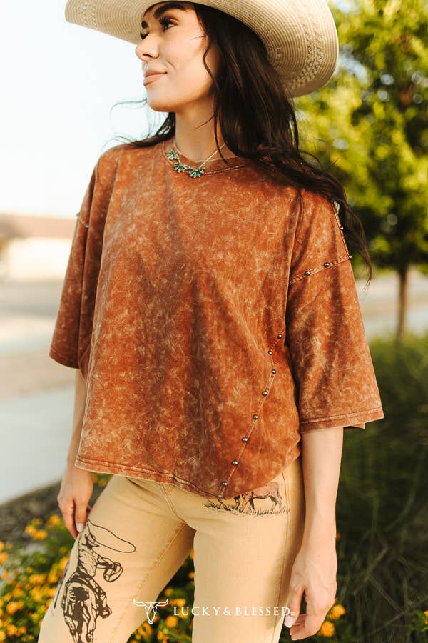 Camel Mineral Wash Studded Side Seam Oversized Tee