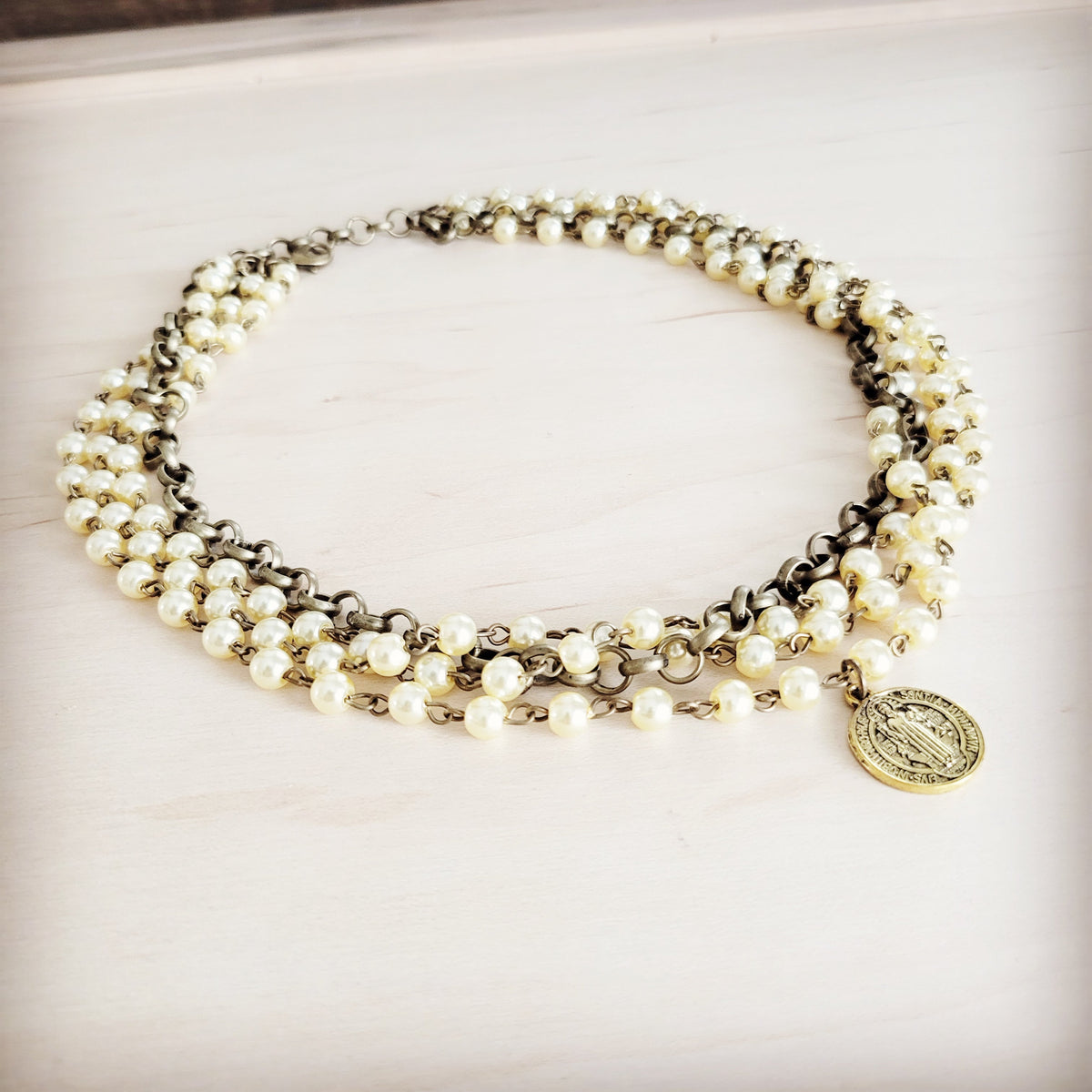 **Champagne Pearl Beaded Collar Necklace w/ Pendant 263x