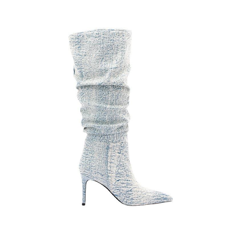 White Denim High Heel Tall Boots