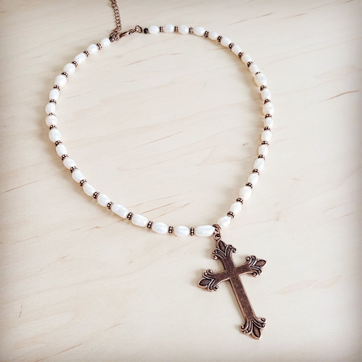 **Genuine Freshwater Pearl Collar Boho Necklace w/ Cross 263s