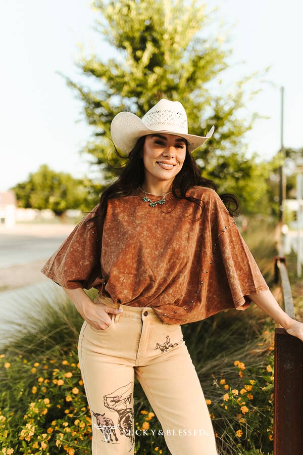 Camel Mineral Wash Studded Side Seam Oversized Tee