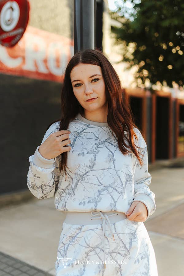 White Camo Print Cropped Sweatshirt & Pants Lounge Set