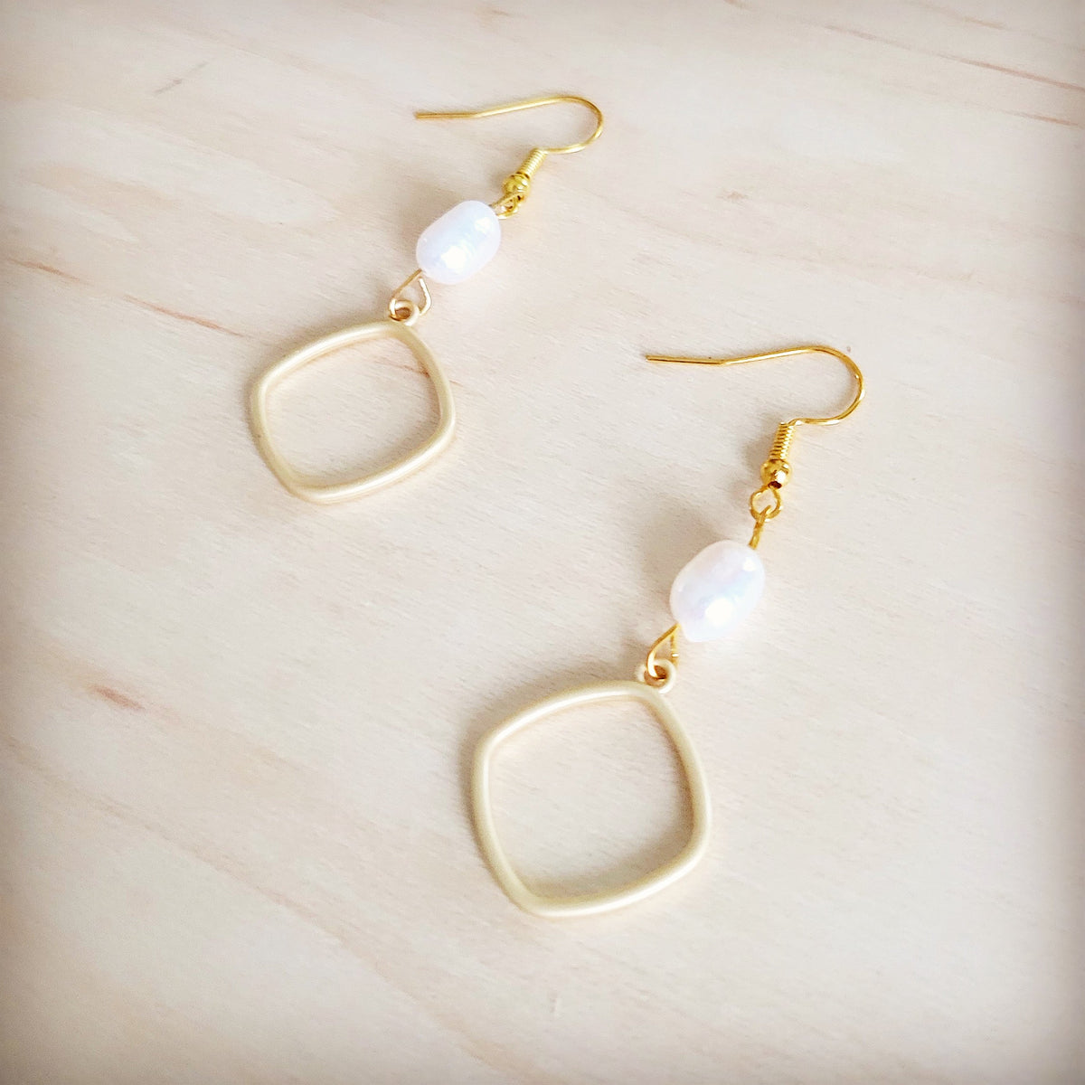 **Matte Gold and Freshwater Pearl Earrings Square 200bs