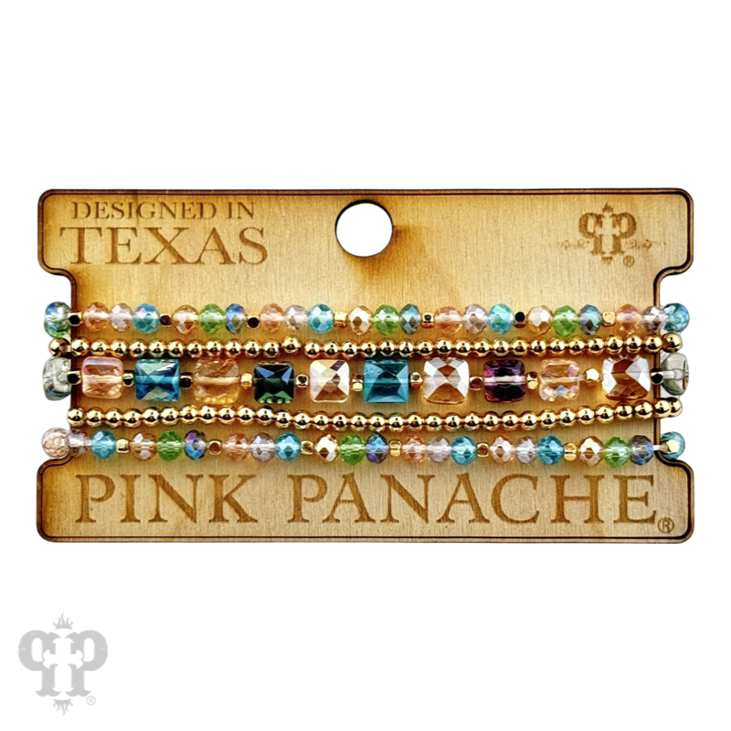 Square and round faceted bead bracelet stack