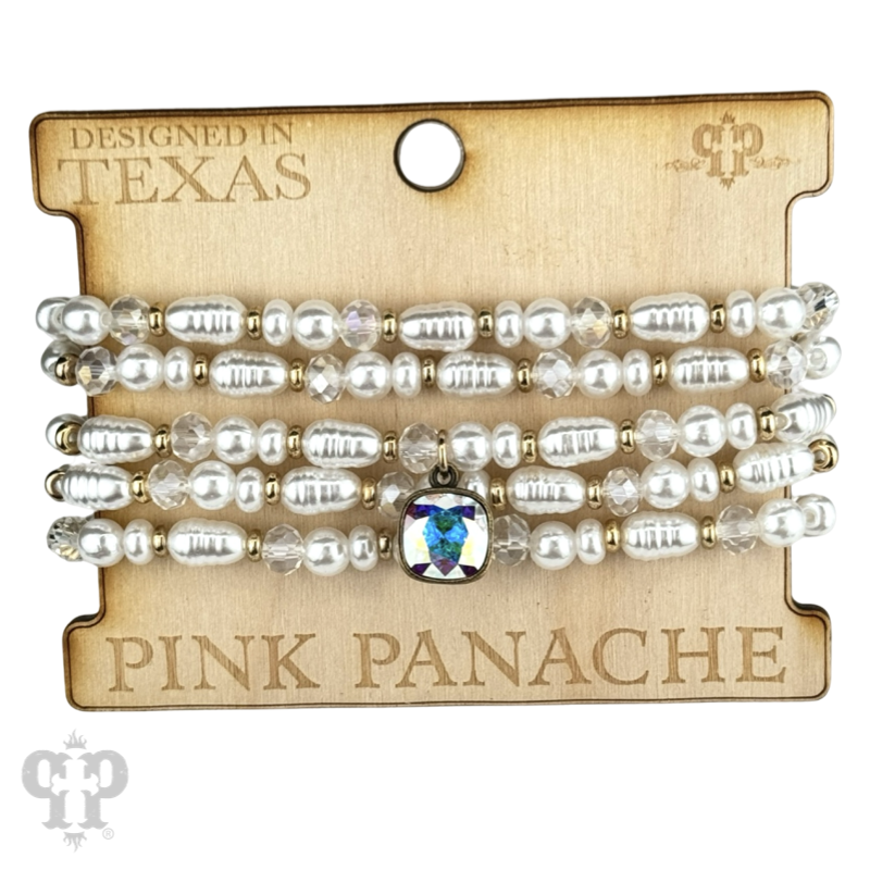 Cream pearl bead bracelet stack with European crystal