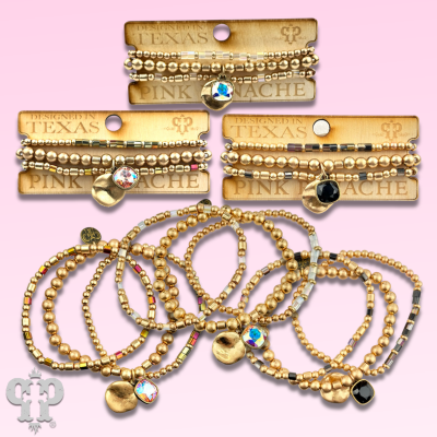 Matte gold and square glass bead bracelet stack with crystals from Swarovski®