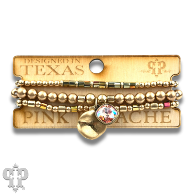 Matte gold and square glass bead bracelet stack with crystals from Swarovski®