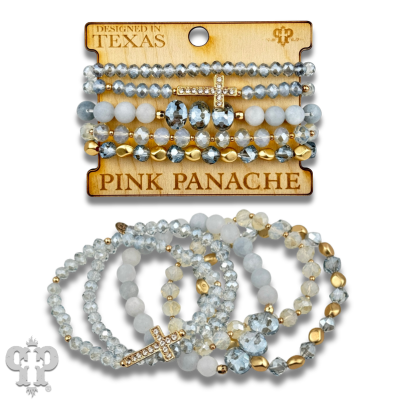 Faceted bead multi-strand bracelet stack, rhinestone cross