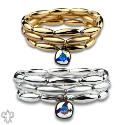 Matte and shiny tube bead bracelet stack with European crystal
