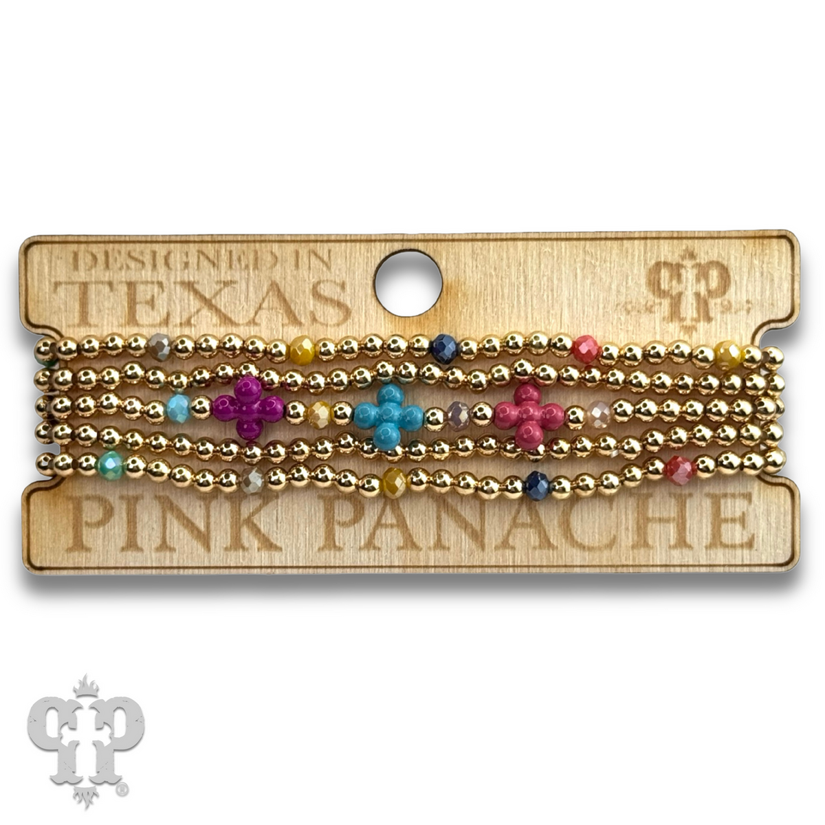 Multi-color cross and gold bead bracelet