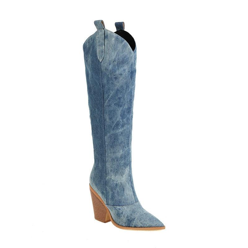 Tie Dye Denim Knee-High Cowgirl Boots