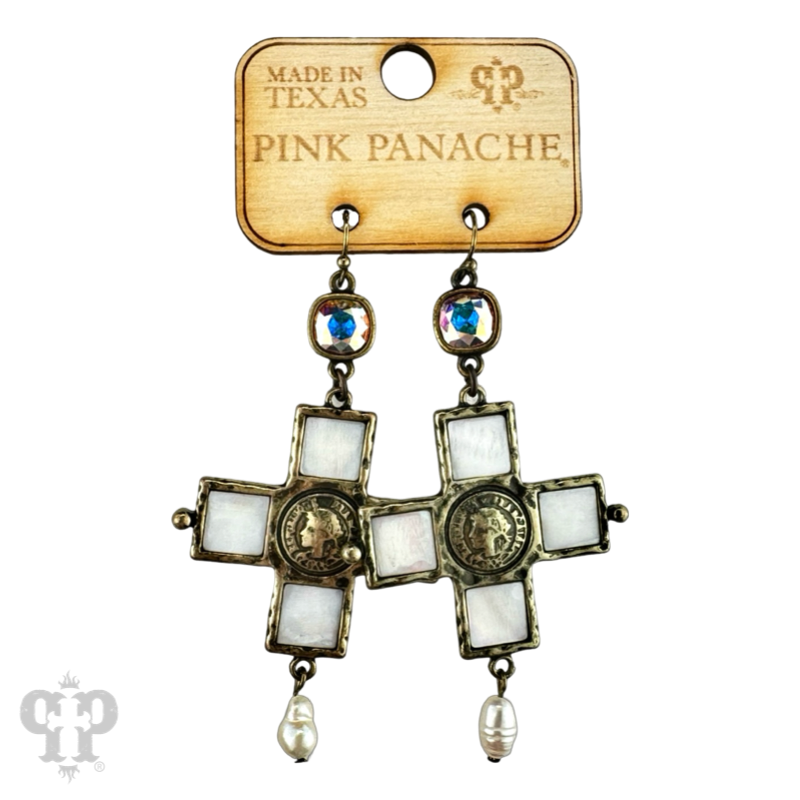 Iridescent pearl cross and coin earring with crystals from Swarovski®