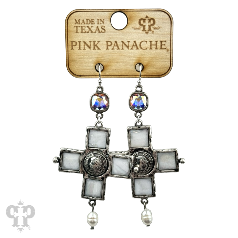 Iridescent pearl cross and coin earring with crystals from Swarovski®