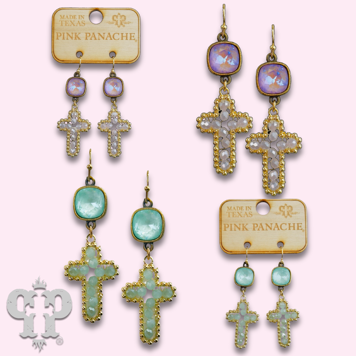 Wire wrapped bead cross earring with crystals from Swarovski®