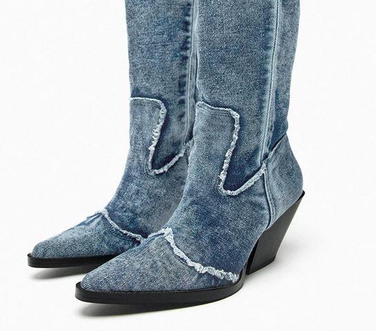 Handcrafted Distressed Denim Knee-High Boots