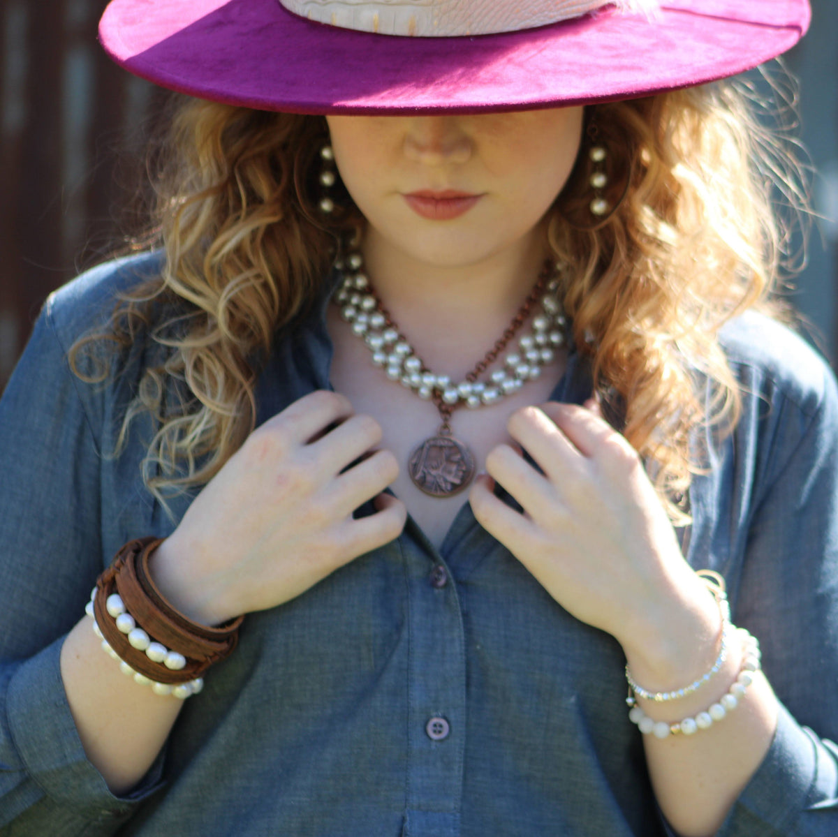 Pearl and Copper Collar-Length Necklace with Indian Coin 255w