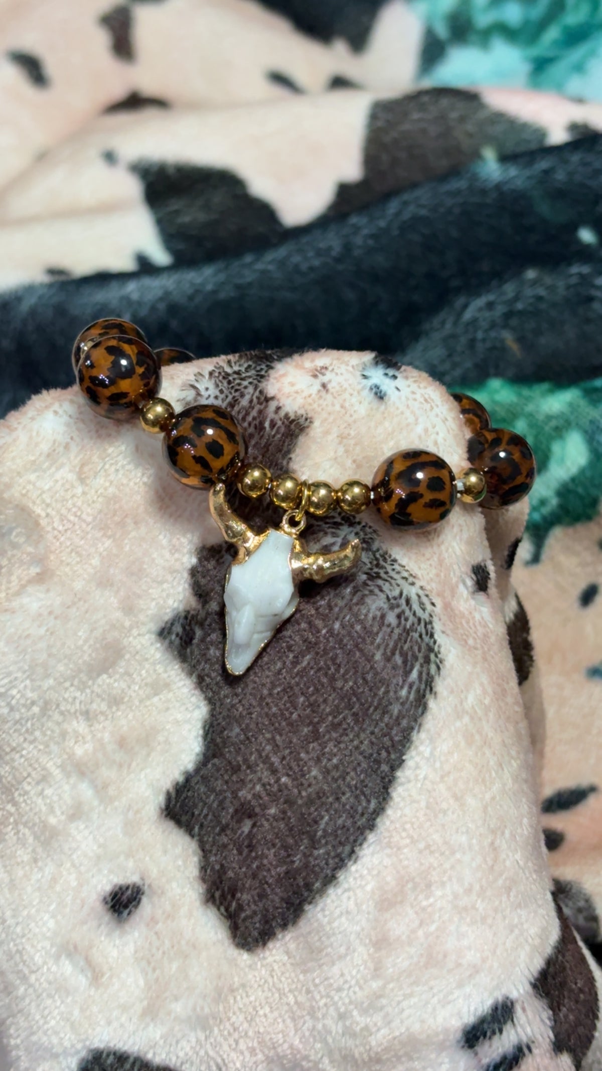 Leopard Beaded Western Steer Skull Bracelet