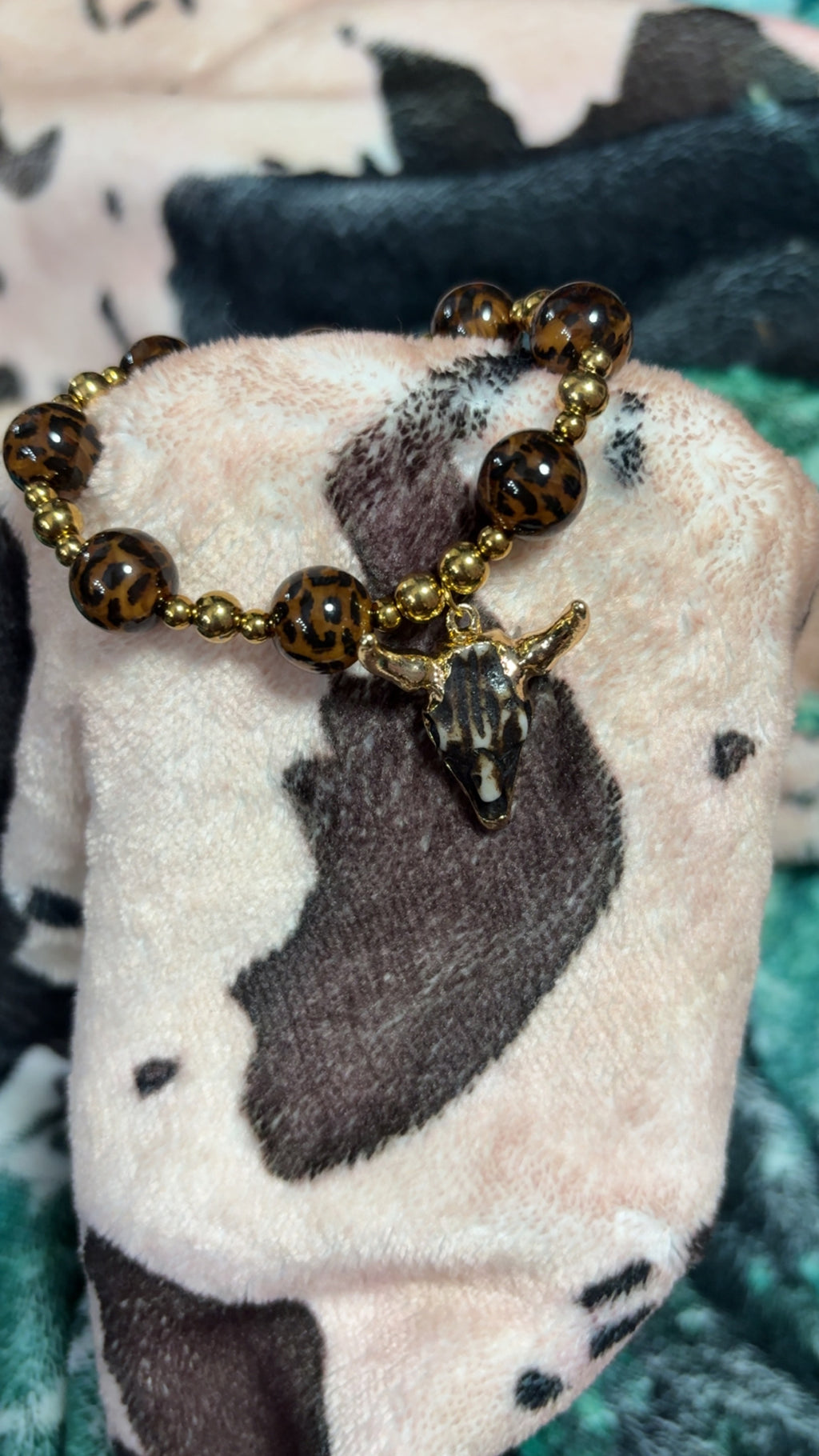 Leopard Beaded Western Steer Skull Bracelet