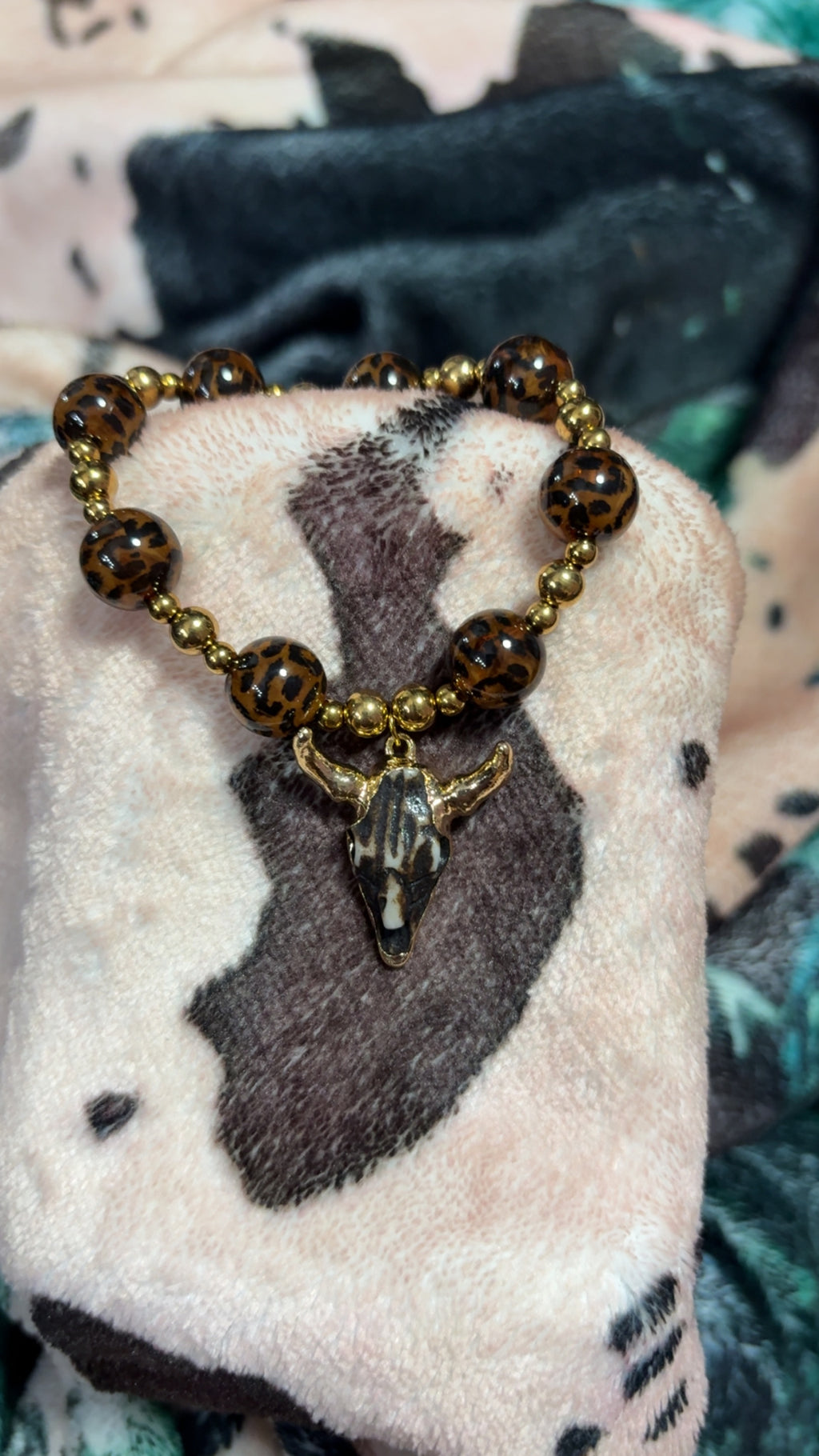 Leopard Beaded Western Steer Skull Bracelet