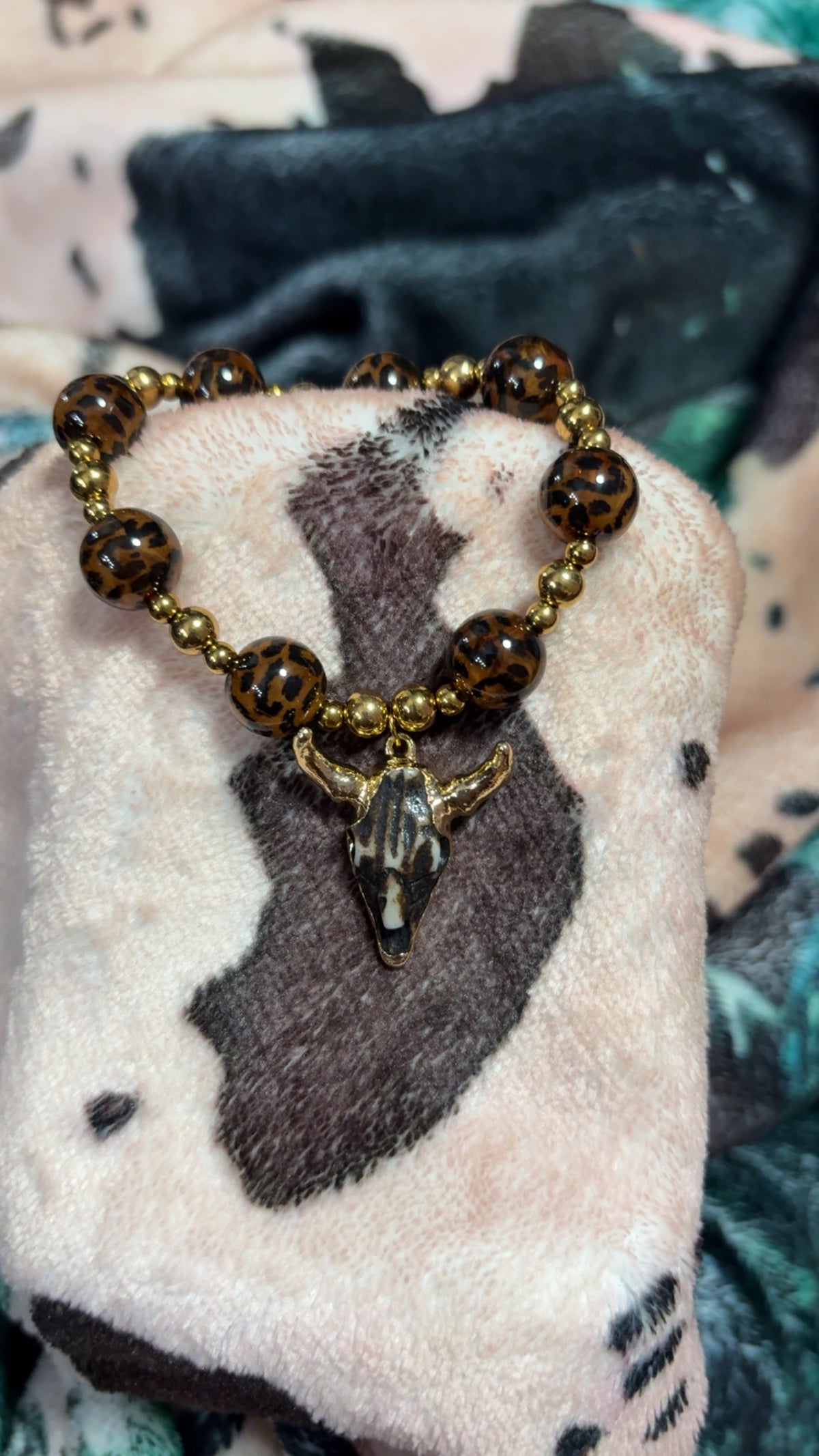 Leopard Beaded Western Steer Skull Bracelet
