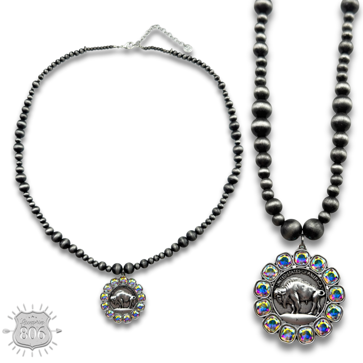 Buffalo nickel and rhinestone necklace