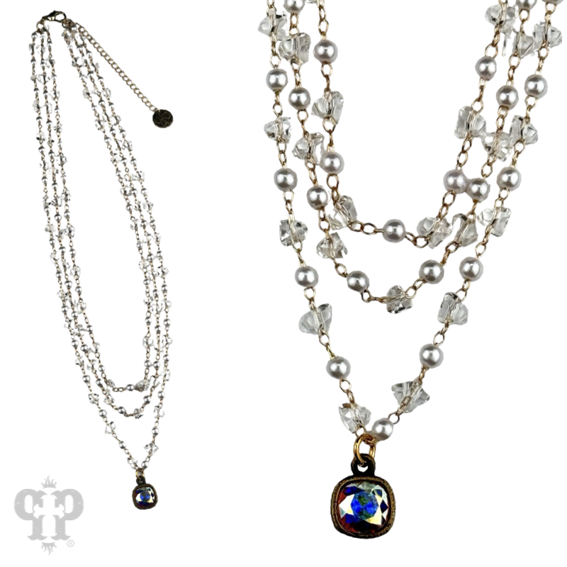 Three strand pearl and faceted acrylic bead necklace with crystals from Swarovski®