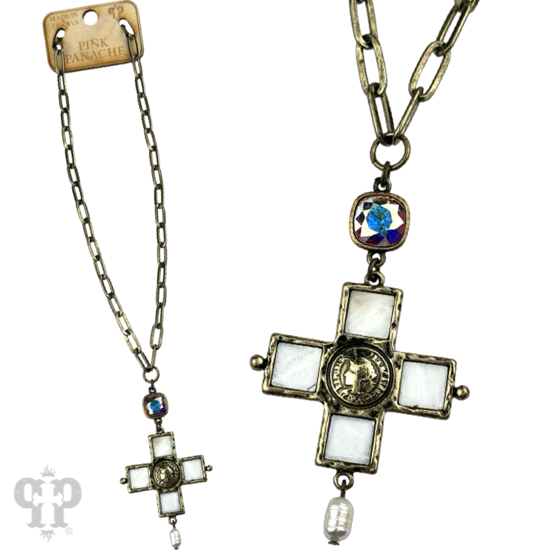 Iridescent pearl cross and coin necklace with crystals from Swarovski®
