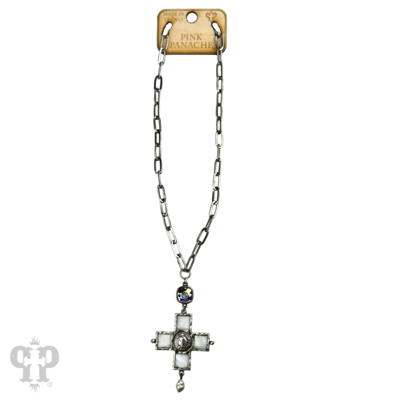 Iridescent pearl cross and coin necklace with crystals from Swarovski®