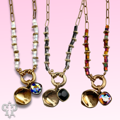 Gold paperclip chain and square glass bead necklace with crystals from Swarovski®