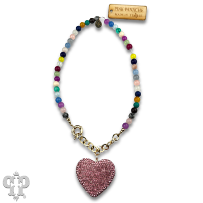 Rhinestone heart pendant on multi-color bead necklace