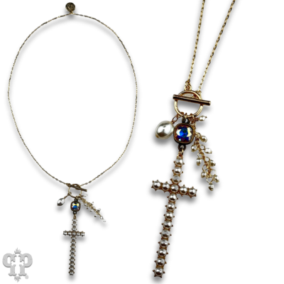 Pearl cross charm necklace with crystals from Swarovski®