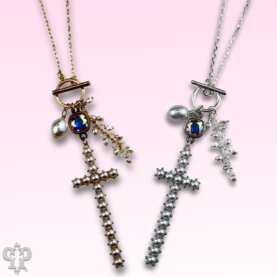 Pearl cross charm necklace with crystals from Swarovski®