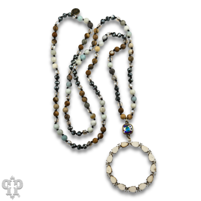 Wood teardrop and rhinestone circle pendant necklace with crystals from Swarovski®