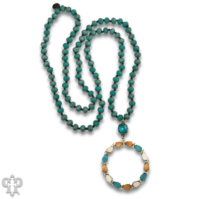 Wood teardrop and rhinestone circle pendant necklace with crystals from Swarovski®