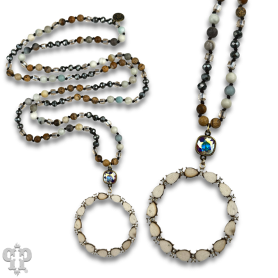 Wood teardrop and rhinestone circle pendant necklace with crystals from Swarovski®