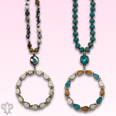 Wood teardrop and rhinestone circle pendant necklace with crystals from Swarovski®