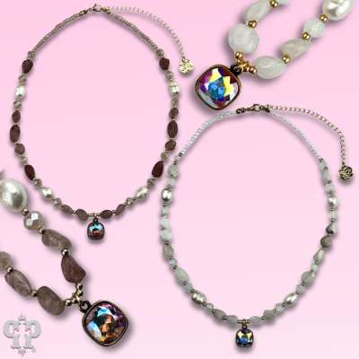 Quartz and freshwater pearl necklace with crystals from Swarovski®