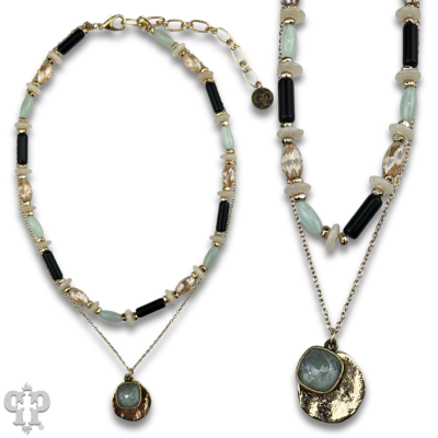 Mixed bead necklace with disc charm with crystals from Swarovski®