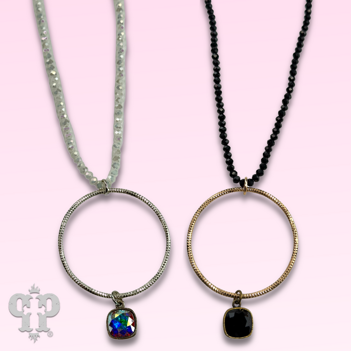 Faceted bead and circle pendant necklace with crystal from Swarovski®- LC