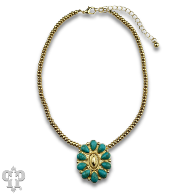 Turquoise concho pendant and 18k gold dipped bead choker necklace