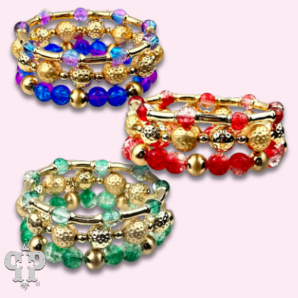 Ombre crackle and gold hammered bead stack bracelet