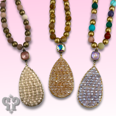 Woven bead pendant on stone bead necklace with crystals from Swarovski®