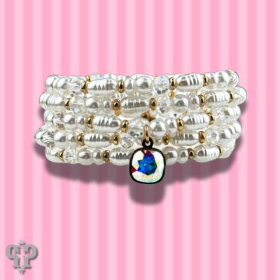 Cream pearl bead bracelet stack with European crystal