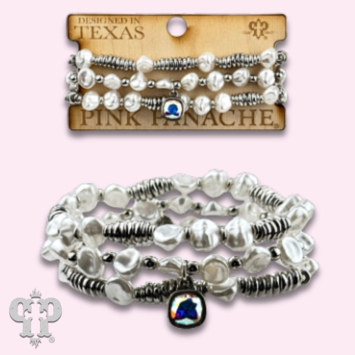Acrylic pearl bead bracelet stack with a crystal from Swarovski®